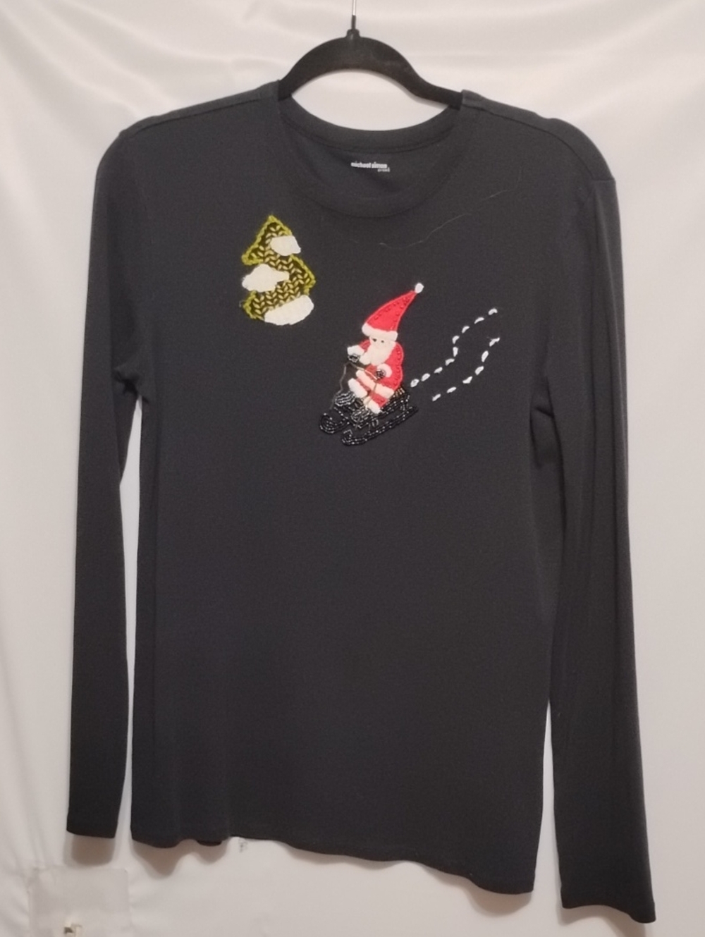 Michael Simon Vintage Whimsical Black Long-Sleeve Christmas Santa Tee